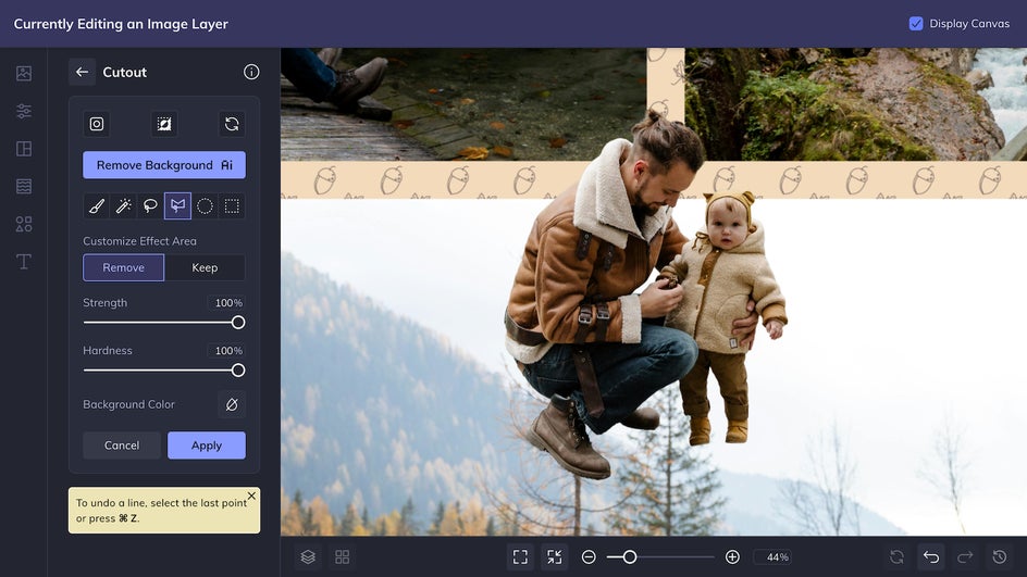 Image Properties menu in BeFunky showing photo adjustments and Cutout option for scrapbook design