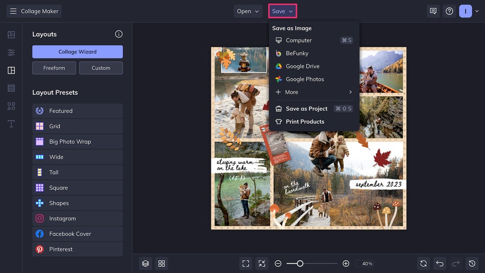 Save options in BeFunky Collage Maker showing export formats including PNG and PDF for scrapbook collage