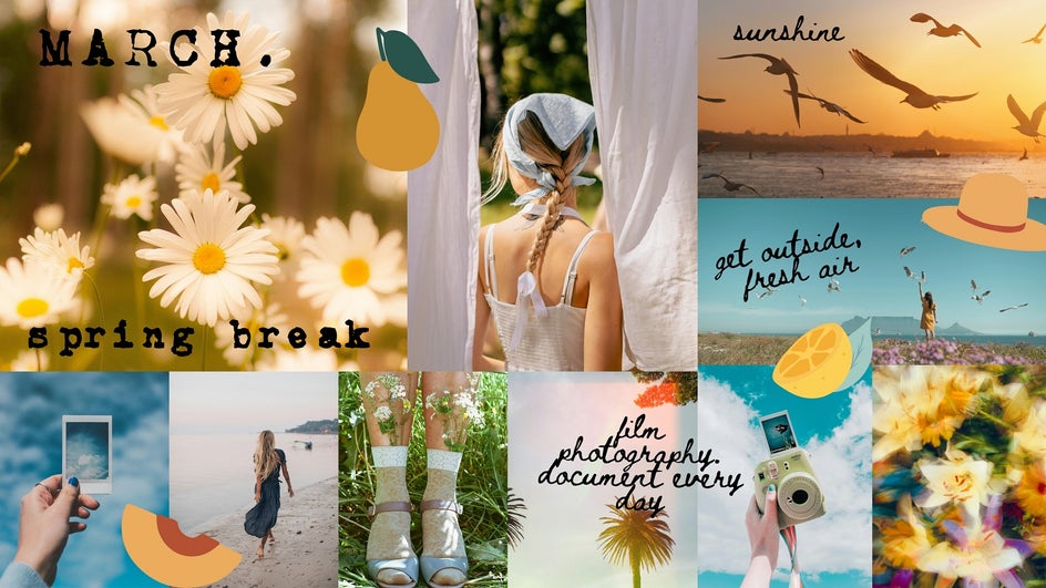 A vibrant moodboard with images of flowers, water, sunlight, and handwritten quotes, reinforcing the themes of rest, play, and creativity. Text includes “sunshine,” “get outside, fresh air,” and “film photography, document every day.”