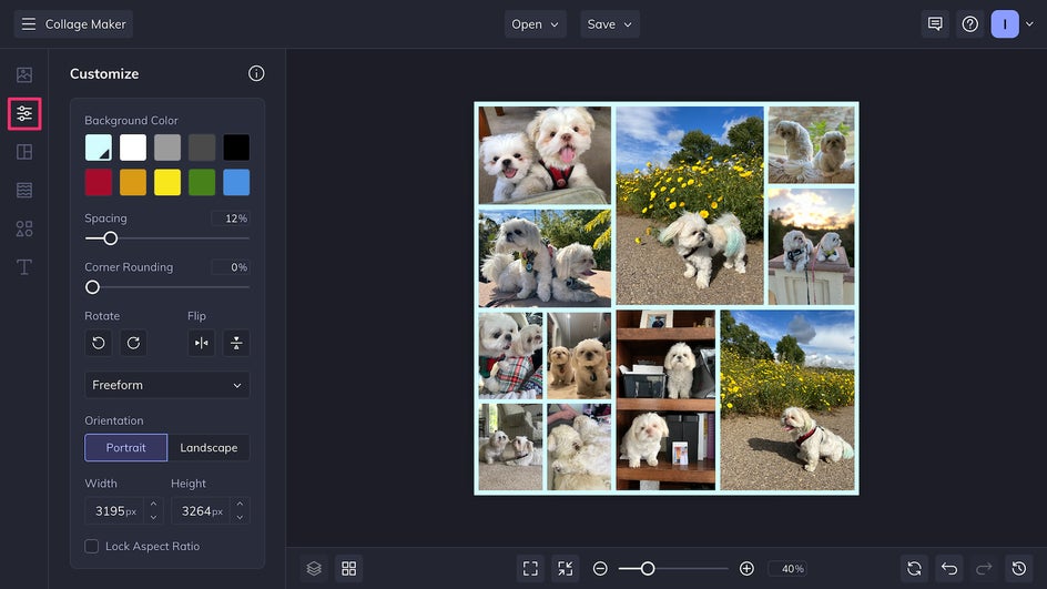 Collage Maker Customize tab showing color palette and spacing options for editing pet collage layout