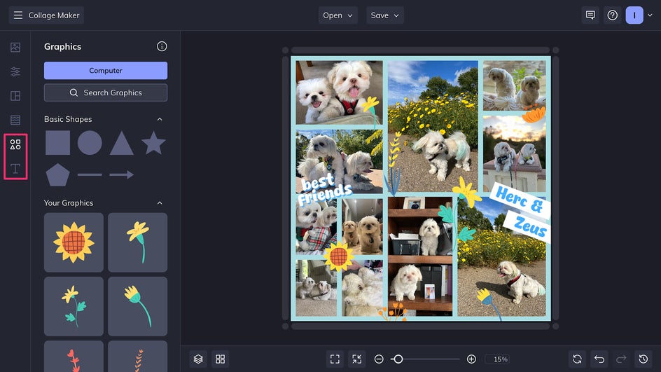 BeFunky Graphics panel open with illustrated vector stickers ready to personalize pet photo collage