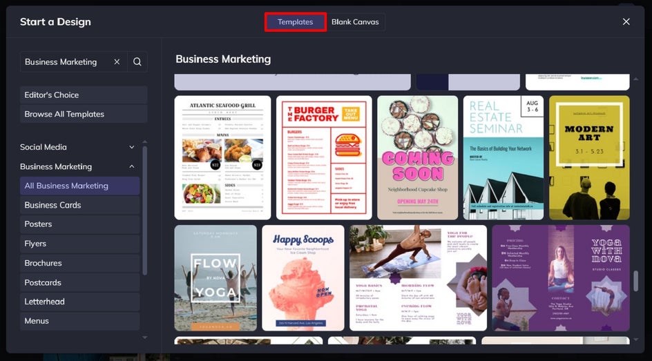 Template gallery in BeFunky Graphic Designer before inserting low-res image