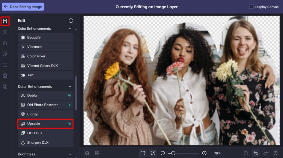 Upscale tool detail enhancement panel open with photo ready for upscaling