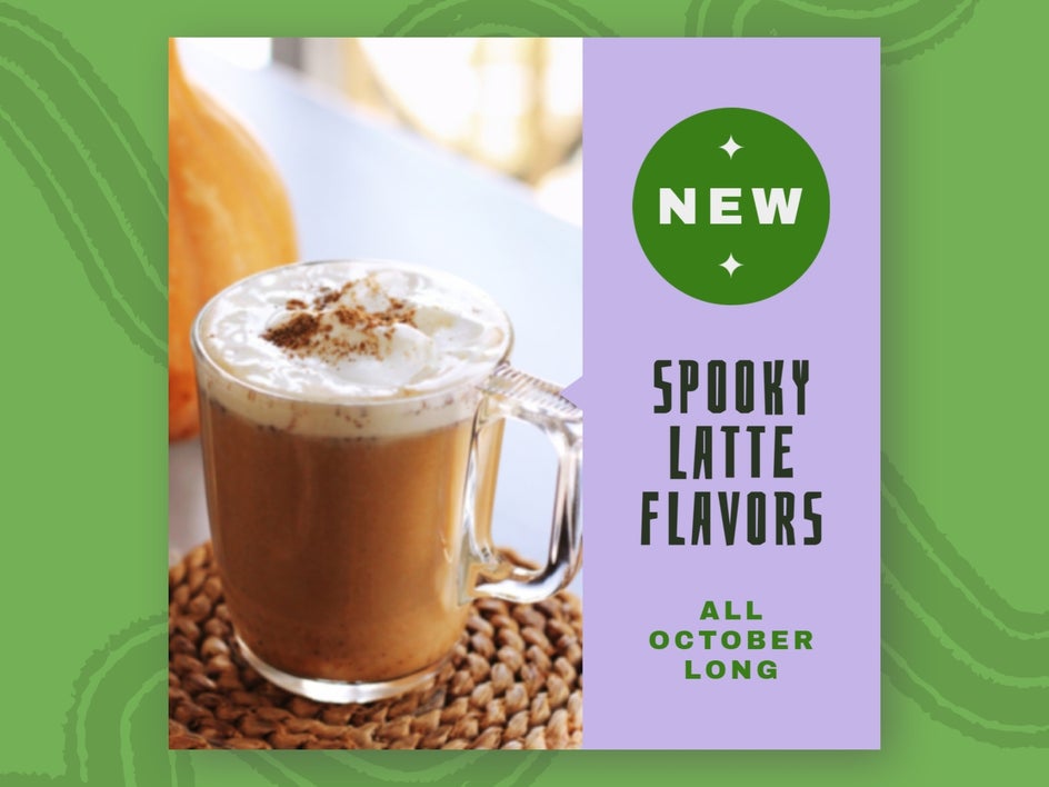 Social media post advertising latte flavors with low-res image of latte