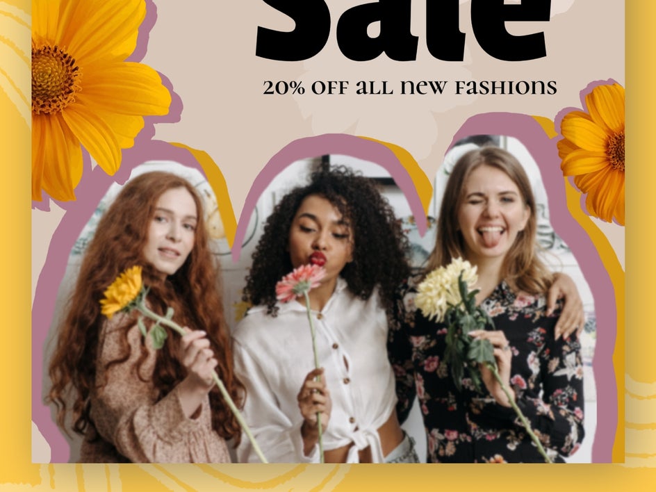 Close up of sale poster with blurry image of three women holding flowers