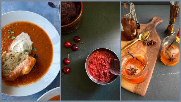 Close up recipe shots of soup, salsa, and chai for Crescent Moon Kitchen