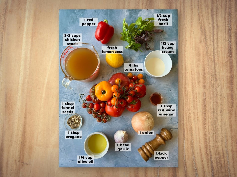 Recipe ingredients laid out with text labeling each ingredient with amount needed