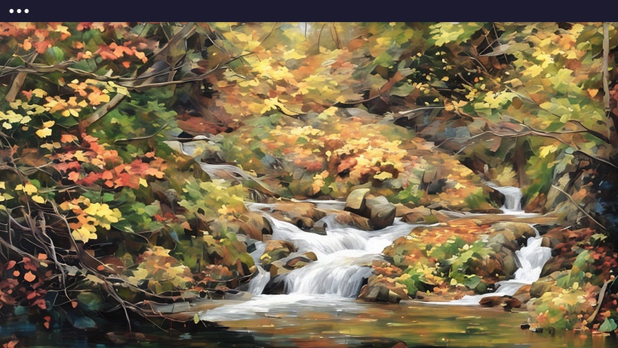River running down a hill surrounded by autumn trees with an oil painting effect
