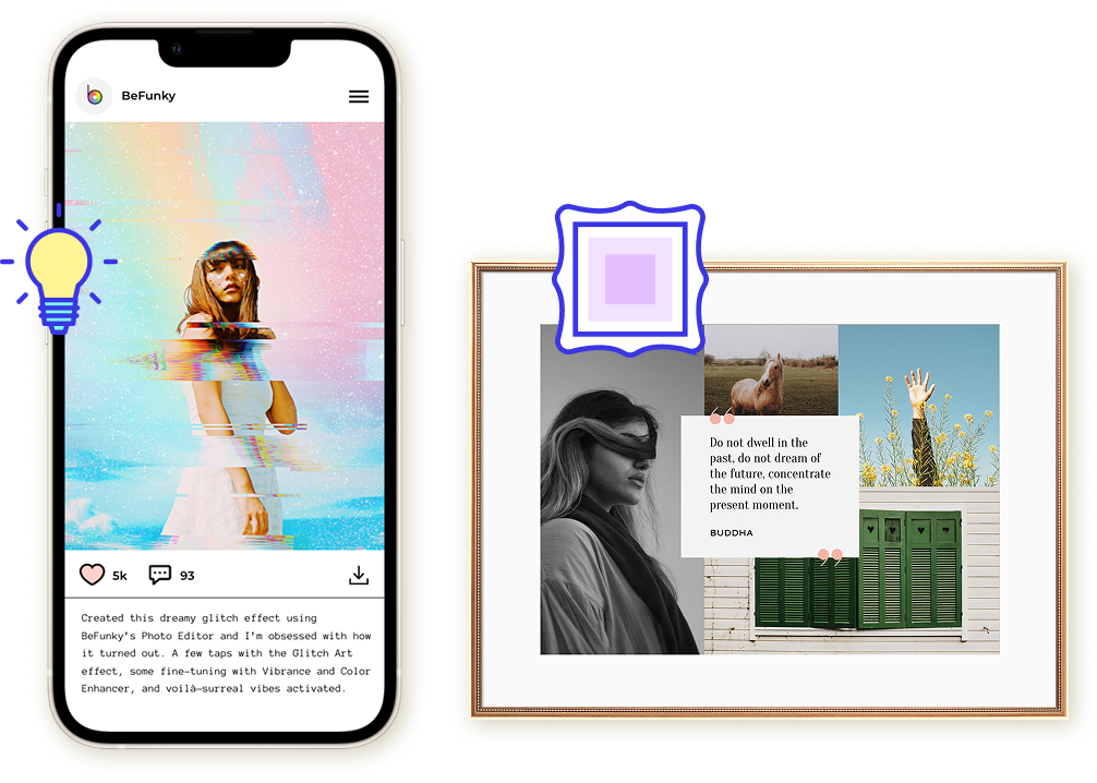 Collage featuring artistic portraits, botanical illustrations, and creative design projects