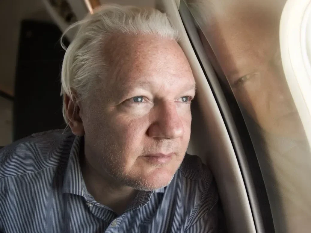 Julian Assange looks out of a plane window