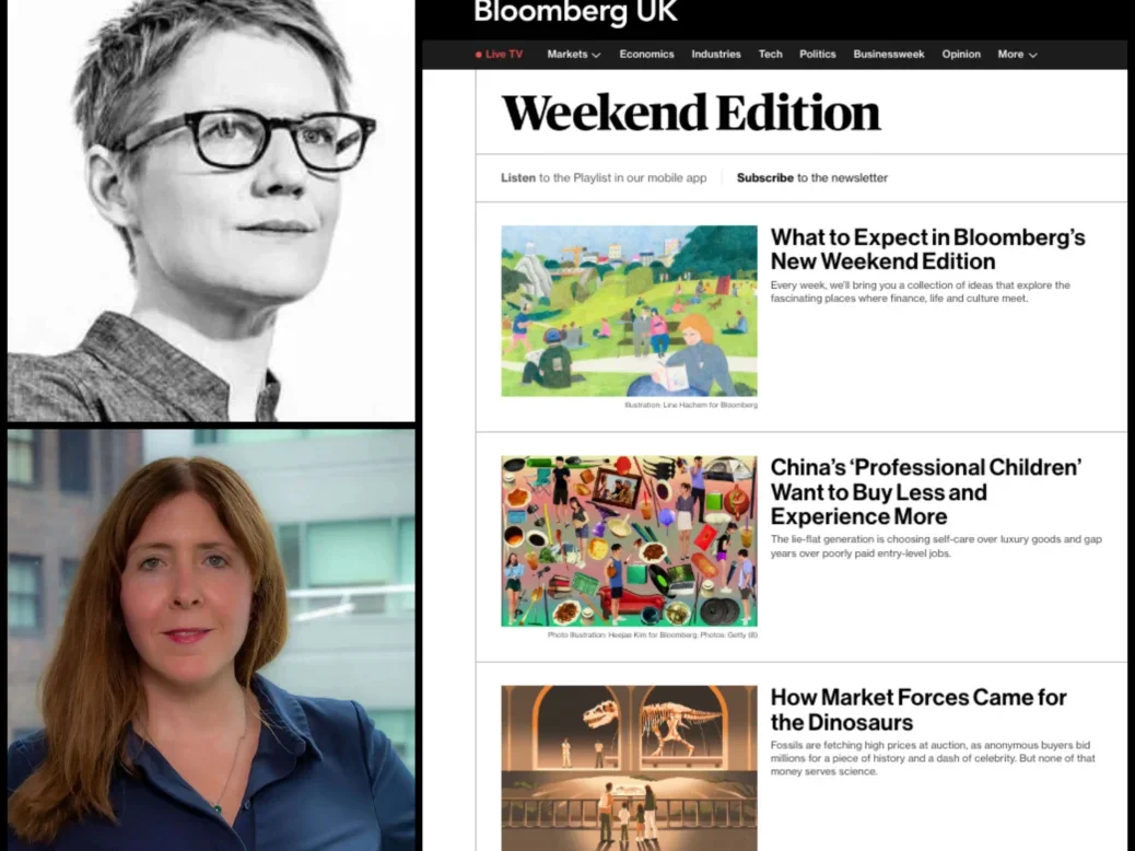 A composite image showing, clockwise from top-left: Bloomberg Weekend Edition executive editor Katherine Bell, a screenshot of the inaugural Bloomberg Weekend Edition as it appears on the Bloomberg Media website, and Bloomberg Media chief digital officer Julia Beizer. The images illustrate a story about the launch of Bloomberg Weekend Edition and the news that Bloomberg's consumer product has hit 740,000 paying subscribers, a 240,000 increase on a year ago.