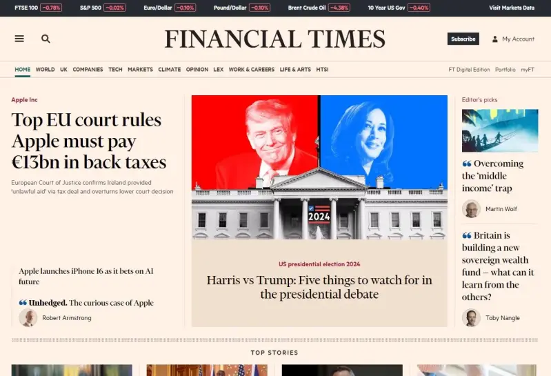 Financial Times homepage screenshot taken on 10 September 2024