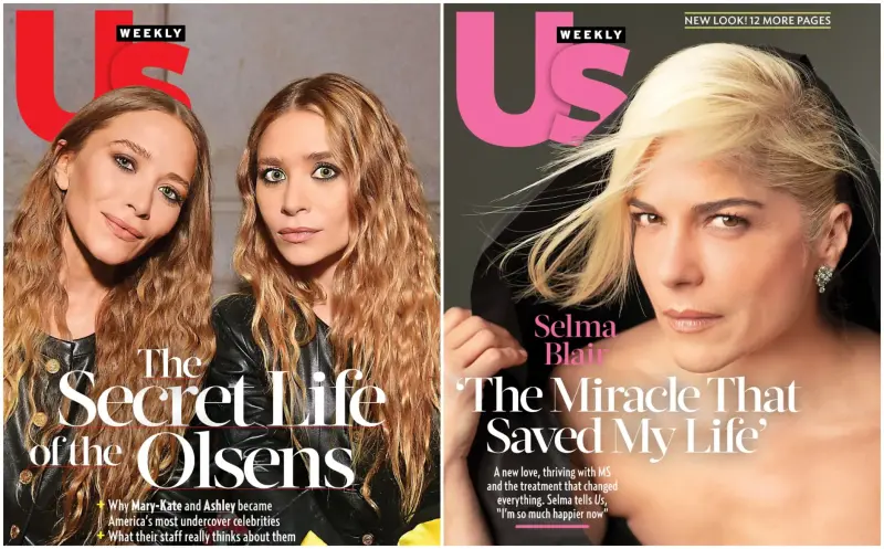 Two recent Us Weekly magazine covers since the relaunch. Left cover shows Mary-Kate and Ashley Olsen with the headline: "The Secret Life of the Olsens" while the right cover has an image of Selma Blair with the headline: "'The miracle that saved my life'"