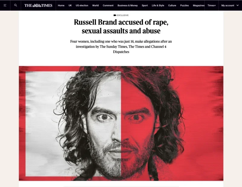 A screenshot of The Times article about Russell Brand being accused of rape