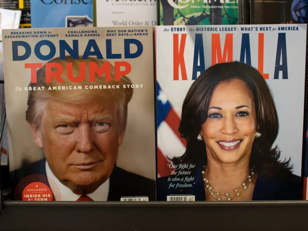 Magazines published by A360 Media with presidential nominees Donald Trump and Kamala Harris on the covers are displayed at a bookstore in Tigard, Oregon. Picture: Shutterstock/Tada Images